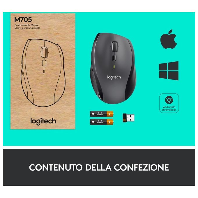 Logitech 705 Marathon Mouse Wireless, Ricevitore USB Unifying 2,4 GHz, 1000 DPI, 5 Pulsanti Programmabili, Durata Batteria di 3 Anni, Compatibile con PC, Mac, Laptop, Chromebook - Nero
