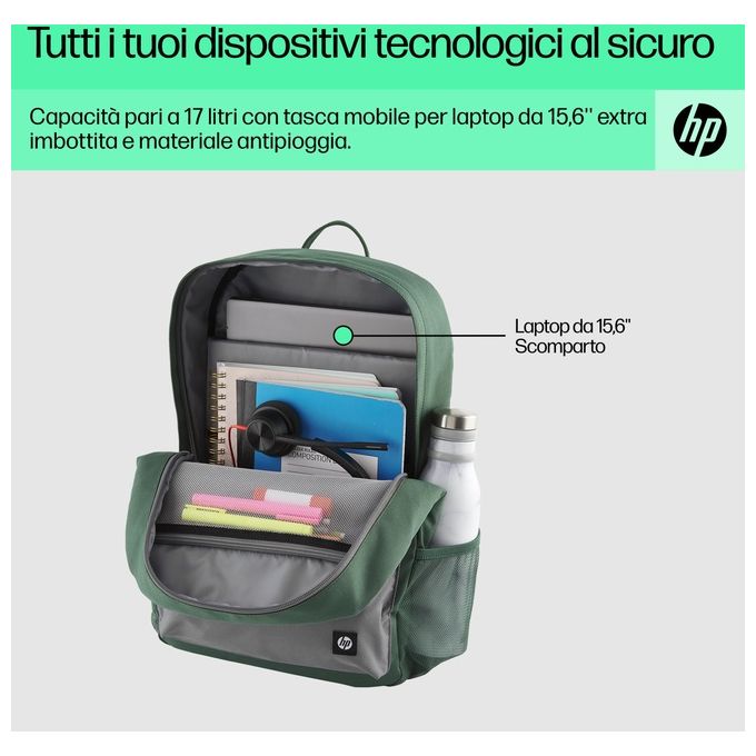 HP 7J595AA Campus Green Zaino per Notebook 15.6'' Resistente all'Acqua Scomparto Imbottito colore Verde