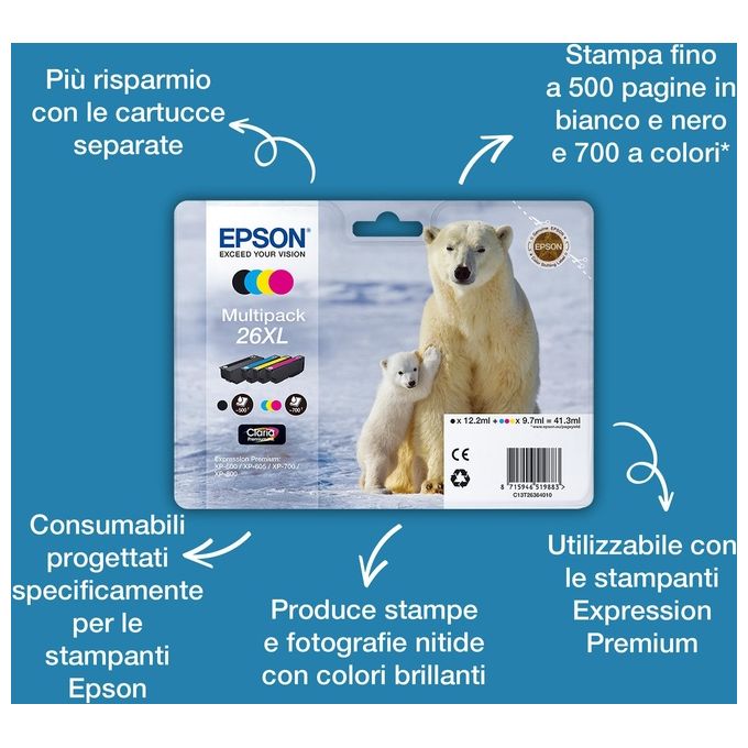 Epson 26XL 9.7 ml misura XL giallo originale blister cartuccia dinchiostro per Expression Premium XP-510, 520, 600, 605, 610, 615, 620, 625, 700, 710, 720, 800, 810, 820
