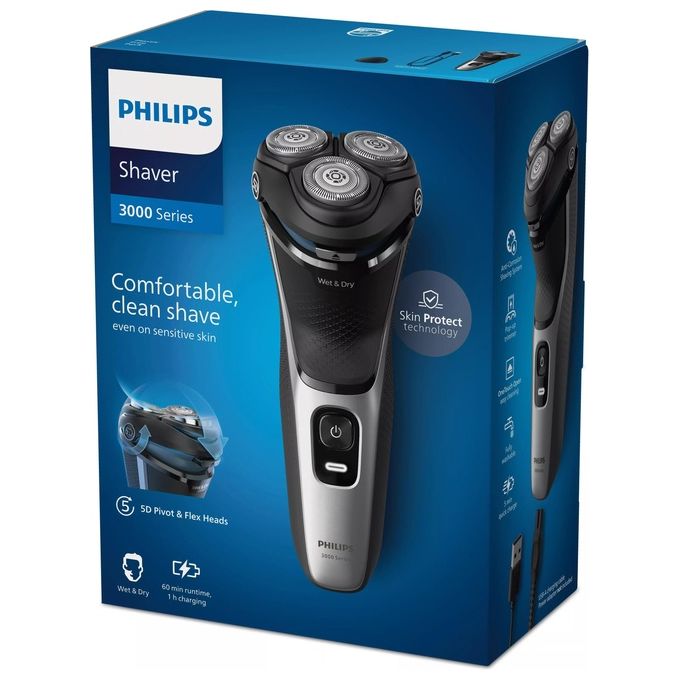 Philips S3143-00 Shaver 3000 Series Rasoio elettrico rotativo Wet Dry 3 testine autonomia 60 min colore Nero Argento
