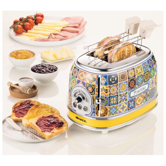 Ariete 00C01550PAR0 Positano Tostapane 2 Fette 810W 6 Livelli di Doratura Funzione Defrost Espulsione Automatica colore Giallo Blu
