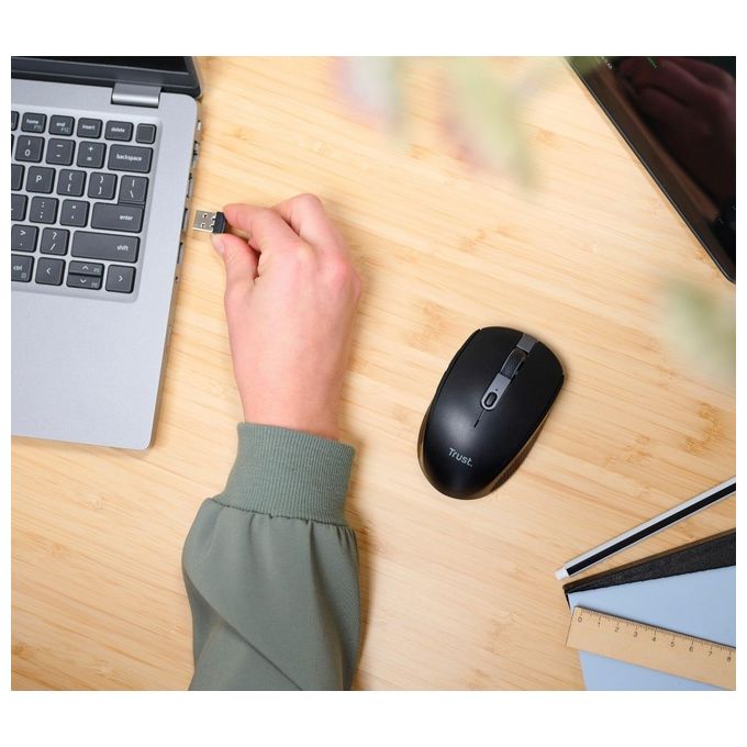 Trust 24819 Ozaa Mouse Wireless Bluetooth Ottico 3200 DPI 6 Pulsanti Silenziosi Multiconnessione Ricaricabile colore Nero