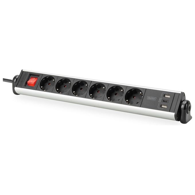 Digitus DA-70624 Ciabatta Multipresa Office 6 Prese 2 USB-A 18W 1 USB-C 20W cavo 1,5 m alluminio colore Nero Argento