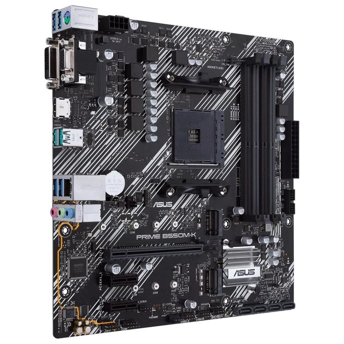 ASUS PRIME B550M-K, Scheda madre micro ATX AMD B550 (Ryzen AM4), dual M.2, PCIe 4.0, 1 Gb Lan, HDMI-D-Sub-DVI, SATA 6 Gbps, USB 3.2 Gen 2 Type-A e supporto per connettori RGB Aura Sync RGB
