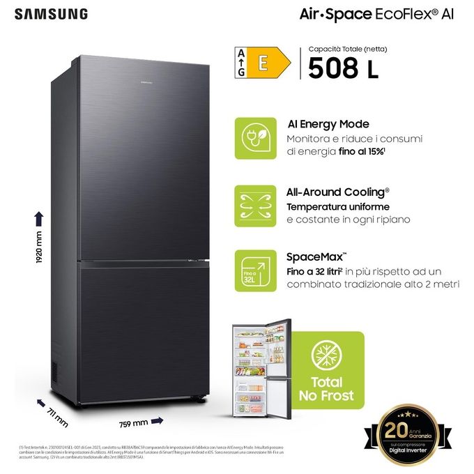 Samsung RB50DG601EB1EF F1rst 75 AI Frigorifero Combinato 508 L 192 cm Classe E 35 dB No Frost SpaceMax Wi-Fi colore Antracite