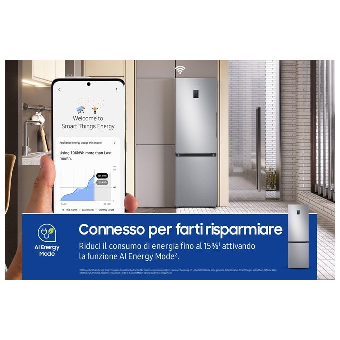 Samsung RB34C672DSA EcoFlex AI Frigorifero Combinato 344 L 185 cm Classe D 35 dB No Frost Wi-Fi colore Silver Inox