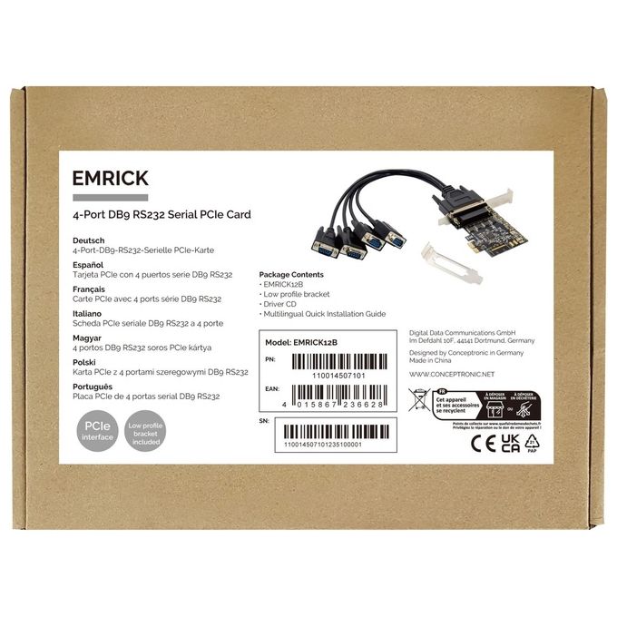 Conceptronic EMRICK12B Scheda PCI-E 4 Porte Seriali RS232 DB9 Conforme PCIe 2.0 Buffer FIFO 256 B colore Nero