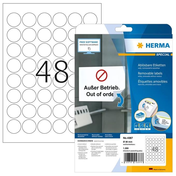 Herma 4387 Etichetta per Stampante Bianco 30mm Autoadesiva