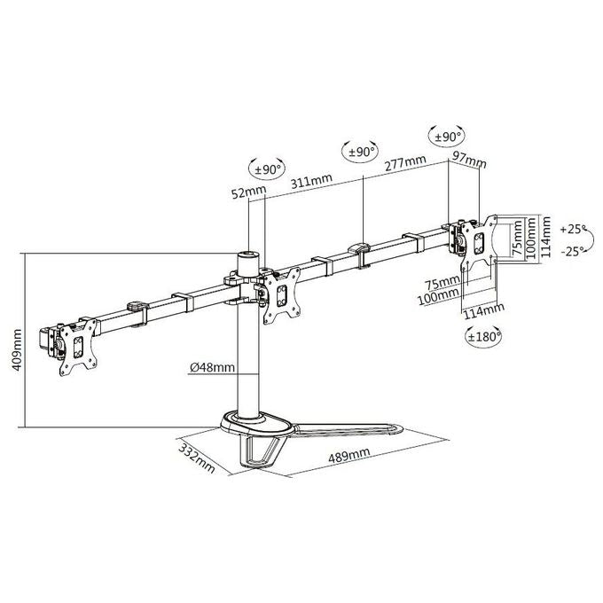 Equip 650125 Supporto da Tavolo Articolato per 3 Monitor 17-27'' VESA 75x75-100x100 mm Inclinabile Rotazione 360° Gestione Cavi colore Nero
