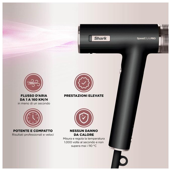 Shark HD752EU SpeedStyle Pro Asciugacapelli 1750 W Tecnologia Ionica 5 Accessori inclusi colore Nero