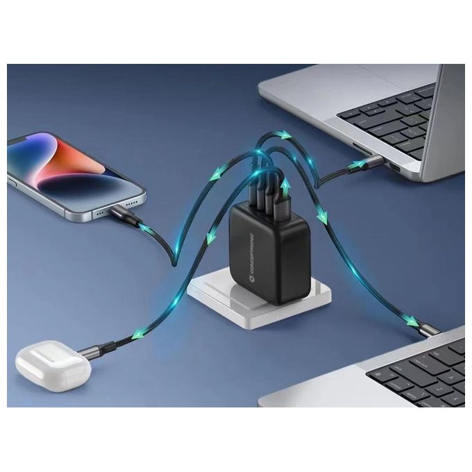 Conceptronic ALTHEA18B Caricatore USB 4 Porte 100 W GaN con Cavo USB-C 3 USB-C 1 USB-A PD 3.0 QC 3.0 PPS colore Nero