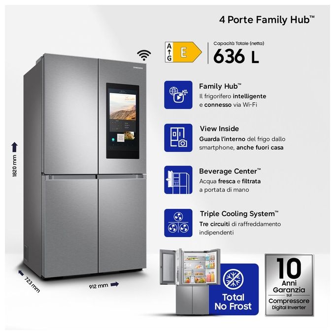 Samsung RF65DG9H0ESREF Family Hub Frigorifero 4 Porte 636 L 183 cm Classe E 37 dB Total No Frost Wi-Fi colore Inox Spazzolato