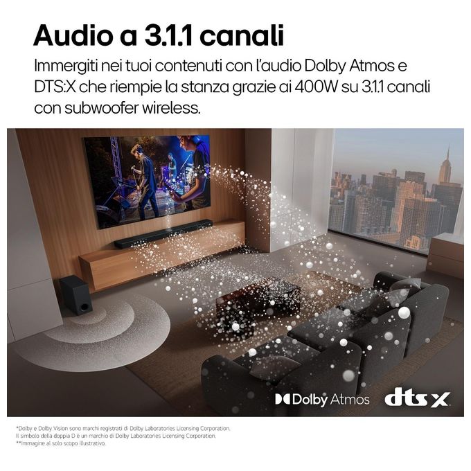 LG S70TY Soundbar 3.1.1 canali 400W Dolby Atmos DTS:X Speaker Centrale Up-Firing Subwoofer Wireless colore Nero