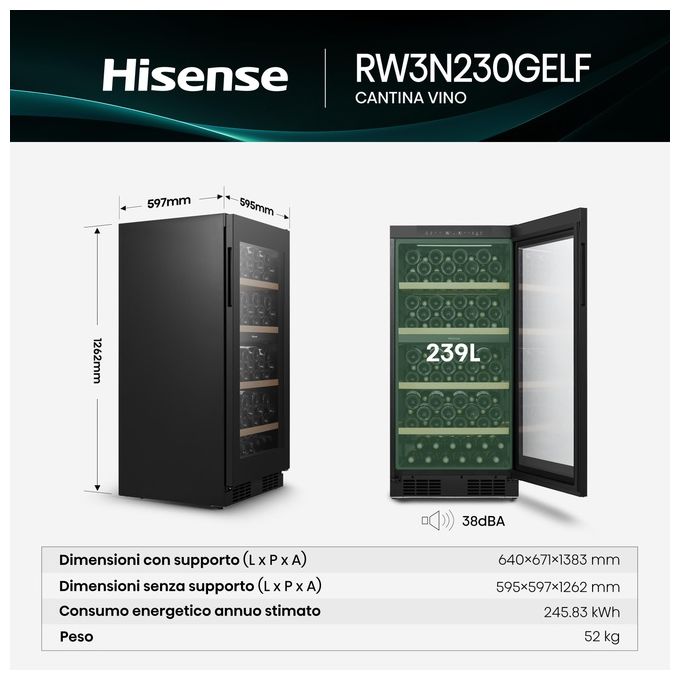 Hisense RW3N230GELF Cantinetta Vino 108 Bottiglie 239 L Classe F 38 dB Zona Temperatura 5-20 °C Wi-Fi LED colore Nero