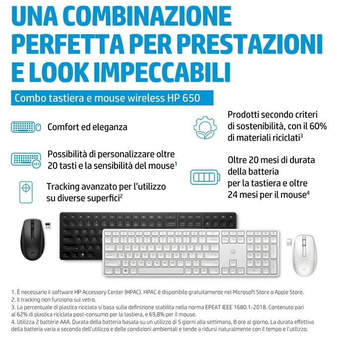 HP 4R013AA Combo tastiera e mouse wireless 650 Full-size 100% Wireless 2.4 GHz 4000 DPI tasti programmabili colore Nero