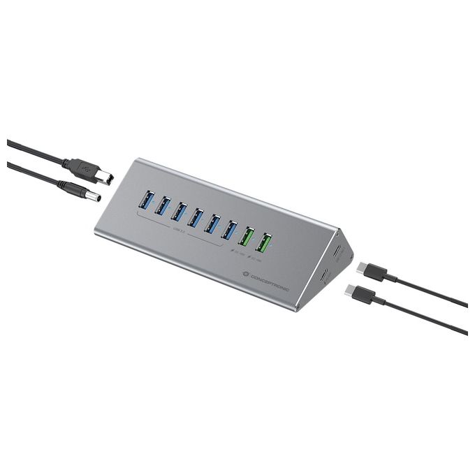 Conceptronic HUBBIES18G Hub Charger Combo USB 3.2 Gen 1 10 in 1 60 W con 6 Porte USB-A 3.0 1 Porta USB-C 3.0 2 Porte Ricarica USB-A 1 Porta Ricarica USB-C Cavo ibrido 2 in 1 incluso colore Grigio