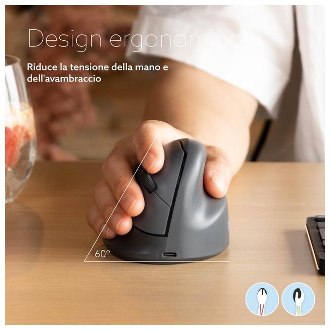 R Go Tools RGOHEBAMRWL R-Go HE Basic Mouse Ergonomico Senza Fili Bluetooth 5.0 Ricaricabile 1600 DPI Design Verticale per Destrimani colore Grigio