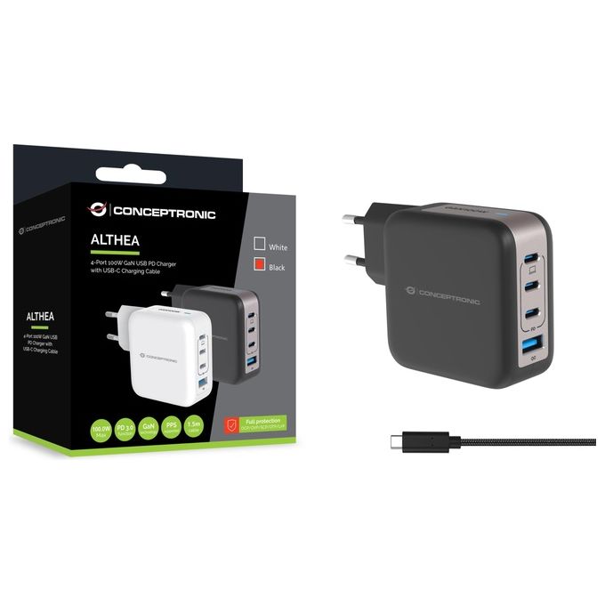 Conceptronic ALTHEA18B Caricatore USB 4 Porte 100 W GaN con Cavo USB-C 3 USB-C 1 USB-A PD 3.0 QC 3.0 PPS colore Nero
