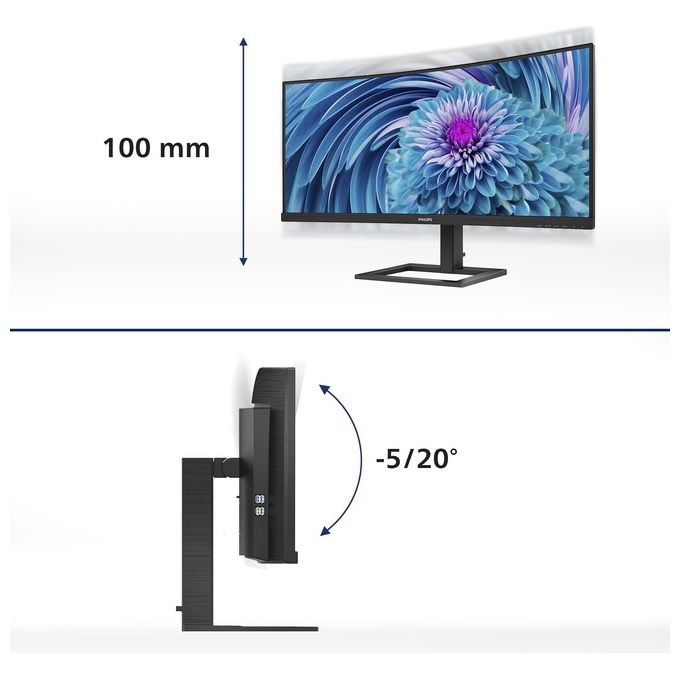 Philips 346E2CUAE E Line Monitor PC 34'' VA Curvo 3440x1440 UWQHD 100 Hz 4 ms USB-C 65W AMD FreeSync Premium colore Nero