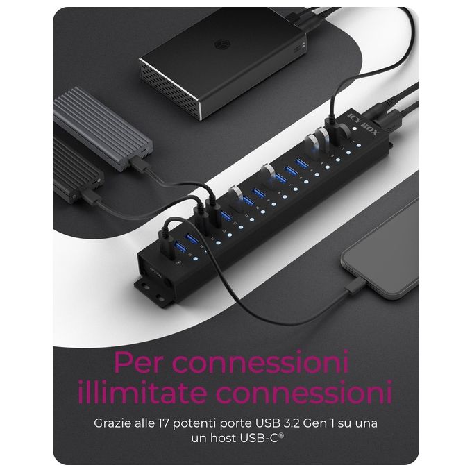 ICY BOX 60994 IB-HUB1717-U3 Hub USB 3.2 Gen 1 con 17 Porte Type-A 5 Gbit-s Alimentatore Incluso colore Nero
