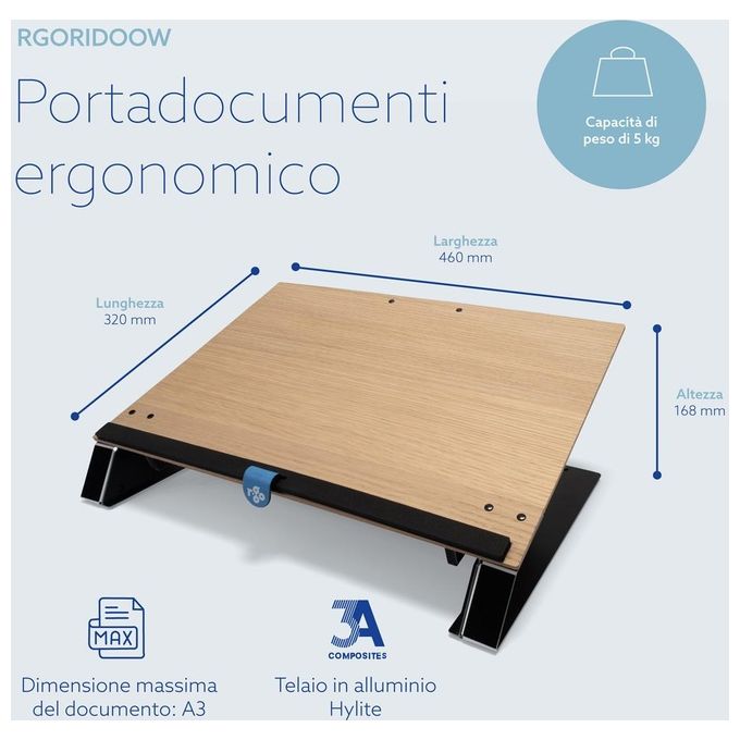 R-Go Tools 9182723000 Read2Write Porta documenti ergonomico con poggiapolsi in schiuma morbida e piano in legno di quercia colore Legno di quercia