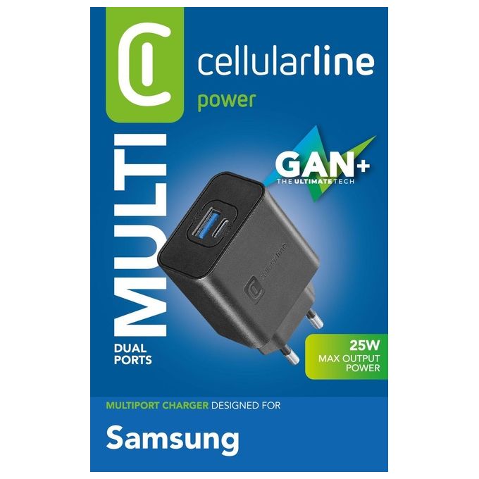 Cellularline ACHSMUSB2PD25WK Dual Super Fast Charger Caricabatterie da Rete 2 Porte USB USB-C 25W colore Nero