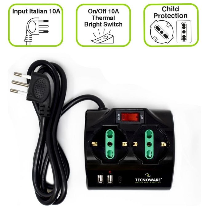 Tecnoware Power Systems Multipresa Power Cleaner 4 2 Uscite Schuko-Italia 10-16A 2 Uscite Italia 2 USB-A 1 USB-C Power Delivery QC 3.0 Protezione Bambini Design Salvaspazio