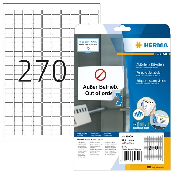 Herma Etichetta Autoadesiva Bianco 17,8x10mm 25 Fogli DIN A4 6750 Pezzi
