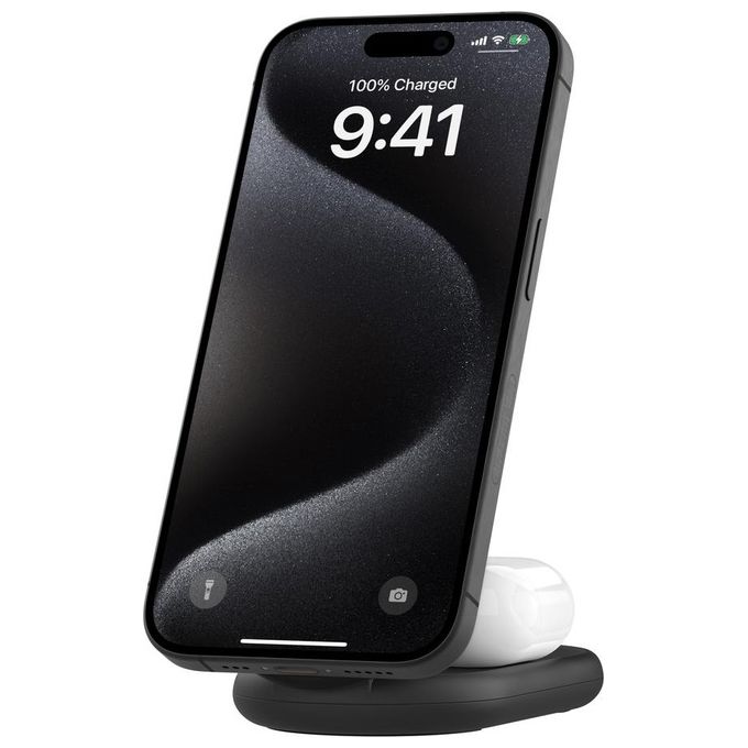 Belkin WIZ028VFBK BoostCharge Caricabatteria Magnetico 2 in 1 Qi2 15 W Ricarica Rapida con Supporto Pieghevole Nero