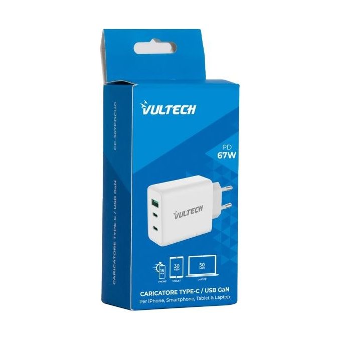 VulTech Caricatore Adattatore Universale 2 Porte Type-C  1 Porta Usb PS67 QC 3.0 Gan 67W PPS Bianco