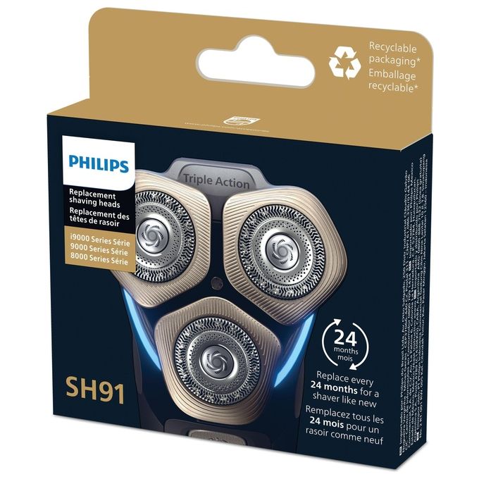 PHILIPS SH91-50 Testine di Ricambio per Rasoio Serie S8000 S9000 e Prestige 3 Pezzi Tecnologia NanoTech DualPrecision Autoaffilanti colore Nero