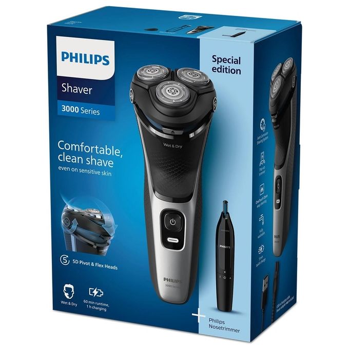 Philips S3143-02 Shaver Series 3000 Rasoio elettrico rotante Wet and Dry 3 testine autonomia 60 min colore Nero Argento