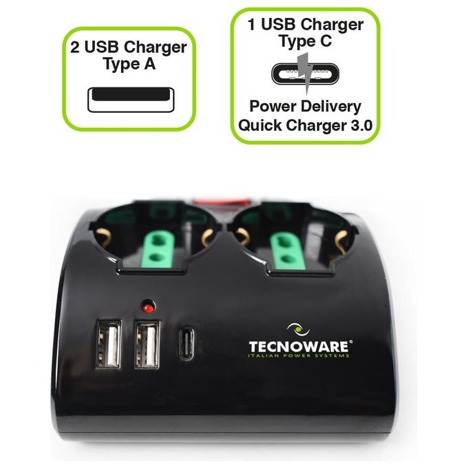 Tecnoware Power Systems Multipresa Power Cleaner 4 2 Uscite Schuko-Italia 10-16A 2 Uscite Italia 2 USB-A 1 USB-C Power Delivery QC 3.0 Protezione Bambini Design Salvaspazio