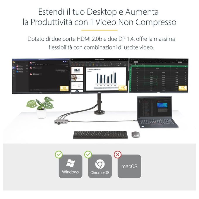 StarTech 117B-USBC-MULTIPORT Docking Station USB-C Multiporta 2x 4K 60Hz HDMI DisplayPort Hub USB 3 Porte 10Gbps GbE PD 100W