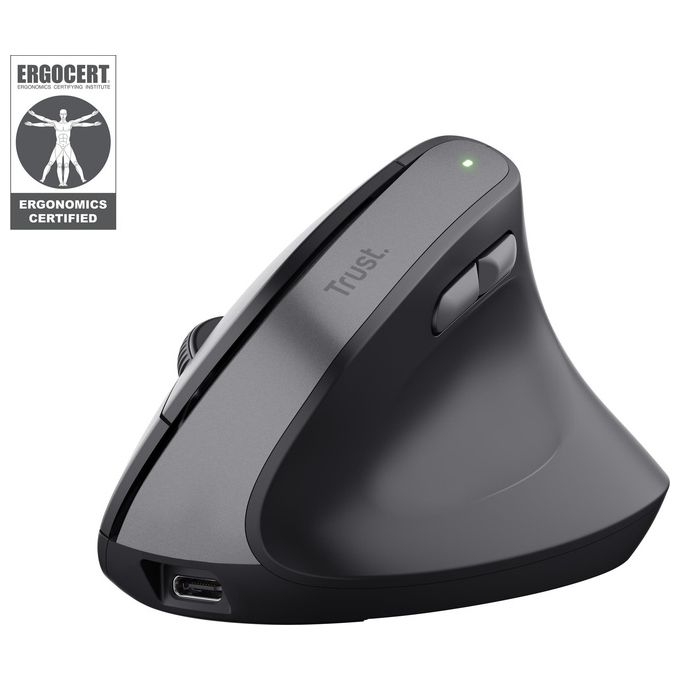 Trust 25145 Bayo II Mouse Ergonomico Wireless RF Ottico 2400 DPI 6 Tasti Ricaricabile USB-C colore Nero