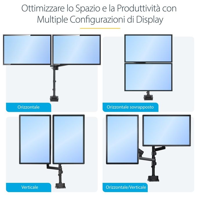 StarTech ARMDUALPIVOT Supporto Doppio Monitor da Scrivania per 2 Schermi VESA fino a 32'' 8Kg Regolabile Altezza e Orientamento colore Nero