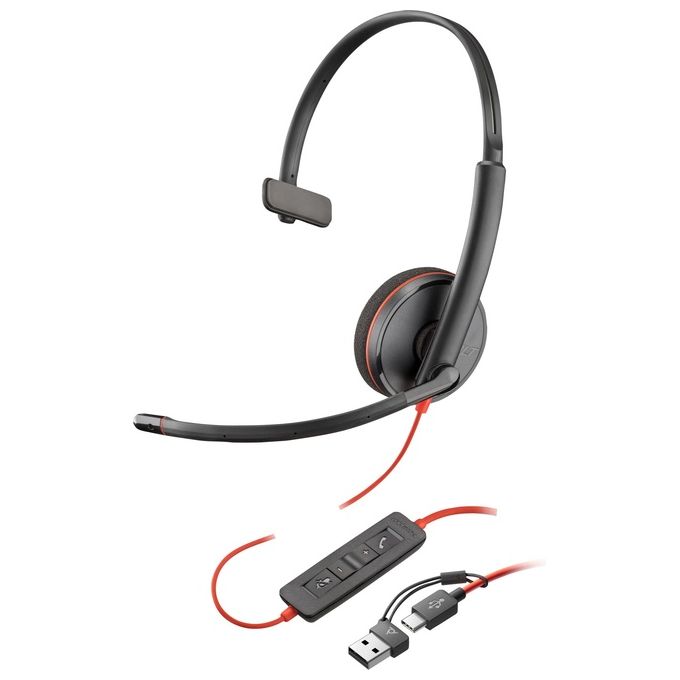 HP Poly 8X227A6 Blackwire 3215 Auricolare Monoaurale USB-C e Jack 3,5 mm con Adattatore USB-C-A Lunghezza Cavo 2,27 m colore Nero