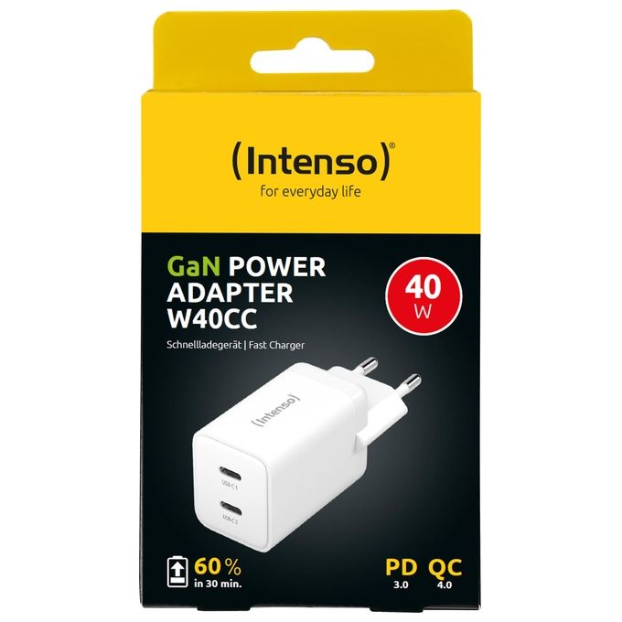 Intenso Power Adapter W40CC GaN Alimentatore con 2 Porte USB-C 40 Watt e Tecnologia GaN Bianco