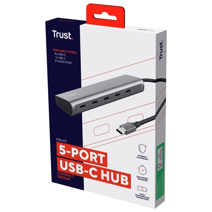 Trust Halyx 5 Porte Hub USB C 4x USB-C e Porta di Alimentazione PD 100W Argento