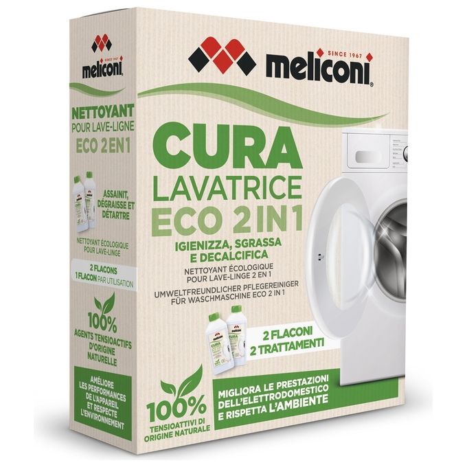 Meliconi Cura Lavatrice Liquido Eco 2 in 1 - Detergente liquido ecologico per lavatrici, 2 x 250 ml, igienizza e decalcifica, formula vegetale biodegradabile, flacone 100% riciclabile