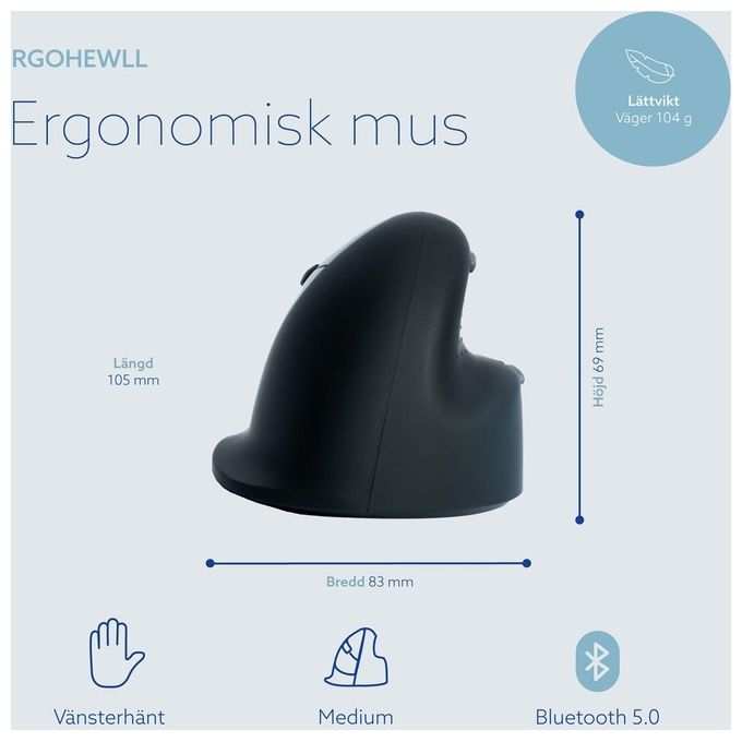 R-Go Tools RGOHEWLL Mouse Ergonomico Verticale con Software Pausa 5 Pulsanti 2400 DPI Bluetooth 5.0 colore Nero