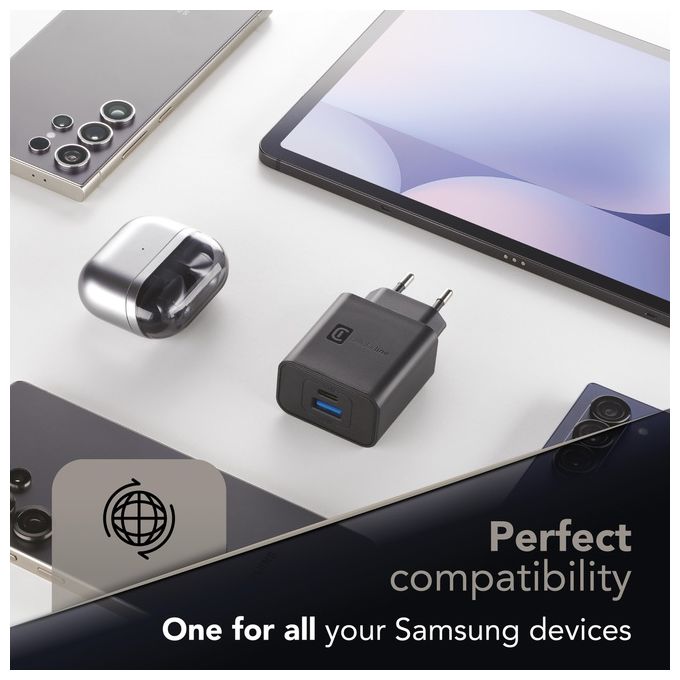 Cellularline ACHSMUSB2PD25WK Dual Super Fast Charger Caricabatterie da Rete 2 Porte USB USB-C 25W colore Nero