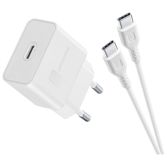 Cellularline Charger KIT_ Caricatore Usb Type-C 15W e cavo Usb Type-C 1mt Bianco