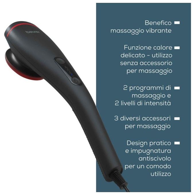 Beurer MG24 Massaggiatore a Mano con Funzione di Riscaldamento Opzionale 2 Livelli di Intensita' 3 Testine Intercambiabili colore Nero