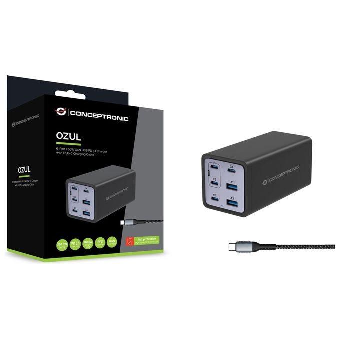 Conceptronic OZUL06BE Caricatore USB PD 3.1 a 6 Porte 200 W con Tecnologia GaN e Cavo USB-C Incluso colore Nero