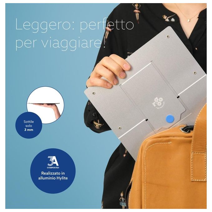 R Go Tools RGORISTSI R-Go Riser Supporto Portatile Regolabile in 5 Posizioni per Laptop e Tablet da 10 a 22 Pollici Angolo 30-57° Portata 5 Kg Materiale in Alluminio Hylite Pieghevole Ultrasottile colore Argento