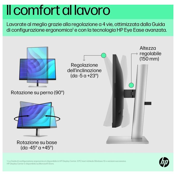HP E22 G5 Monitor PC 21.5'' Full HD 1920x1080 IPS LED 5ms Regolabile in altezza VESA 100x100 colore Nero Argento