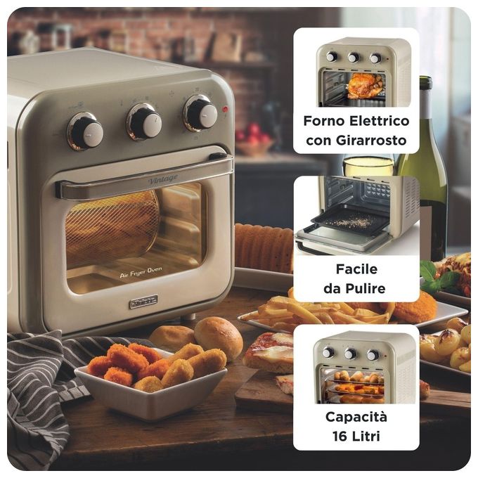 Ariete 4632 Friggitrice ad aria 2in1 con Forno Vintage 16 L 1400 W Timer 60 min Doppio Vetro Girarrosto colore Beige