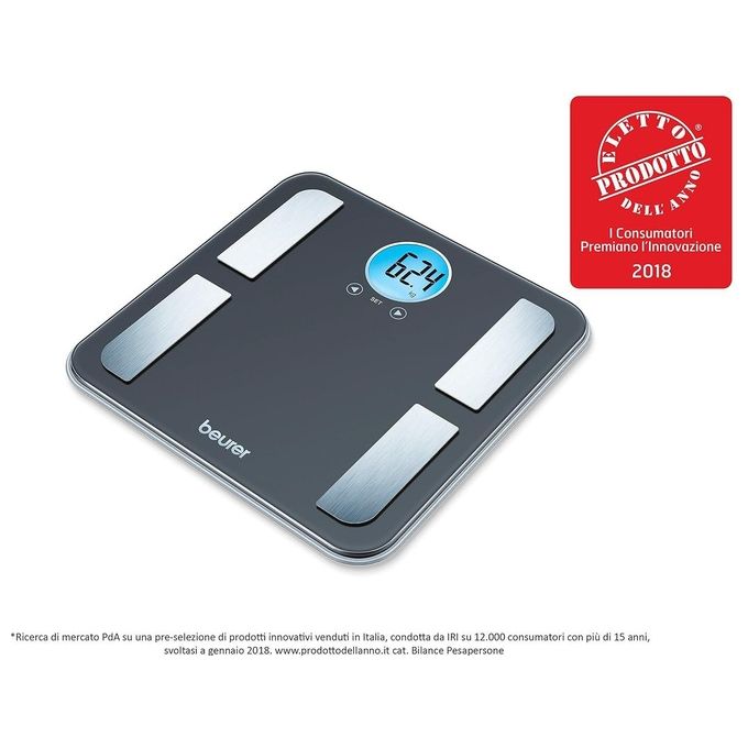 Beurer BF 195 Bilancia pesapersone digitale portata 180 kg precisione 100 g display LCD retroilluminato blu funzioni: analisi corporea (massa grassa acqua muscoli ossa) memoria 10 utenti