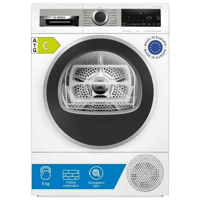 Bosch WQG245C0IT Serie 6 Asciugatrice Pompa di Calore 9 Kg Classe C Condensatore Autopulente Iron Assist Vapore (84x60x61 cm) colore Bianco